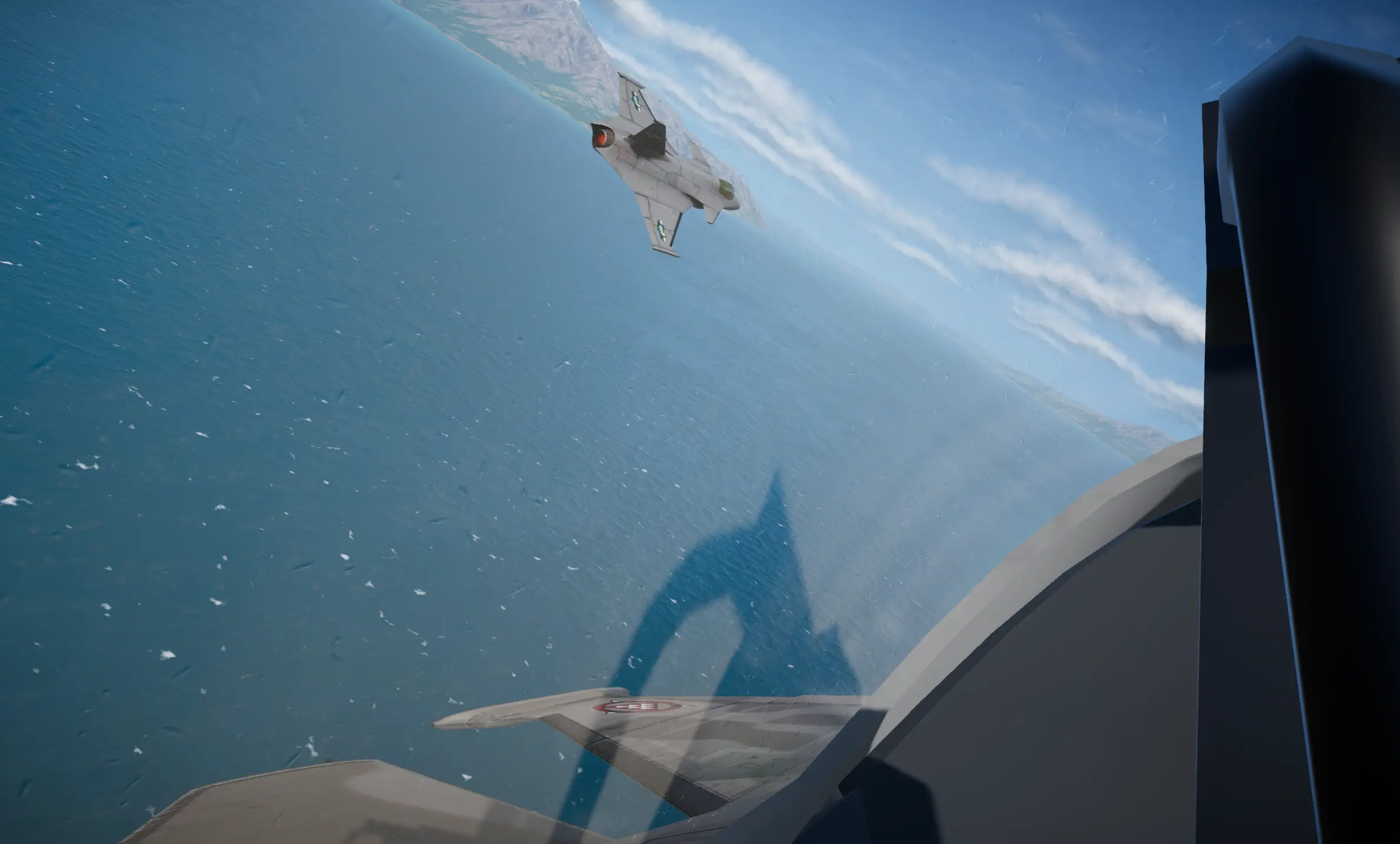 Cockpit view of the FS-12 Revoker in a dogfight, the pilot is looking back through the canopy at an enemy jet
